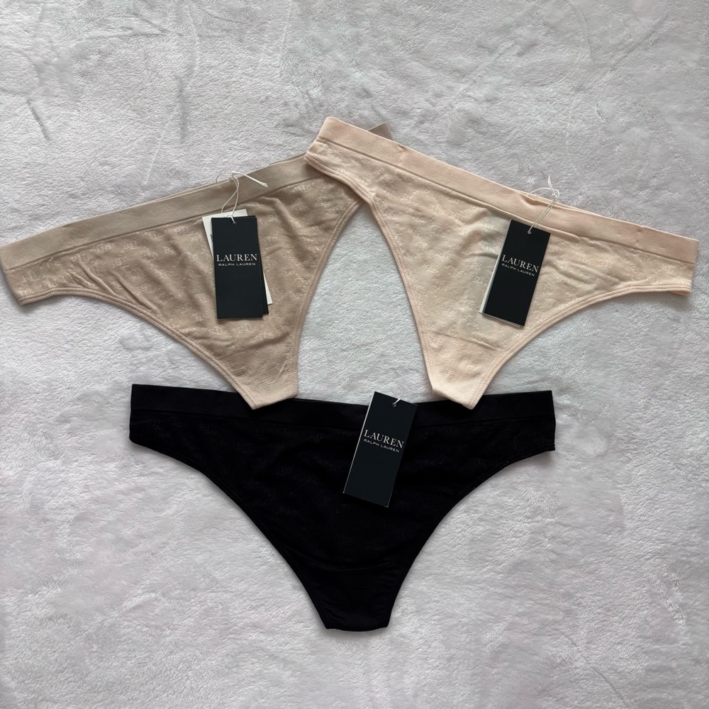 LAUREN RALPH LAUREN  3-Pack Monogram Mesh Jacquard Thong Panties--L--NWT